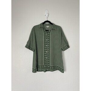 Max Studio Womens Green Floral Retro Short Sleeve Button-up Blouse Top Sz Small